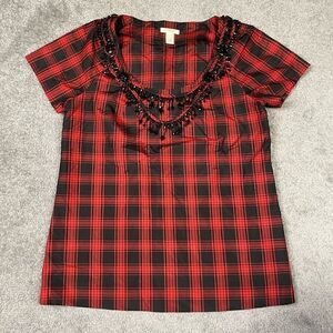 J. Crew Women’s Size 2 Red Black Buffalo Plaid Scoop Neck Beaded Top Blouse Silk